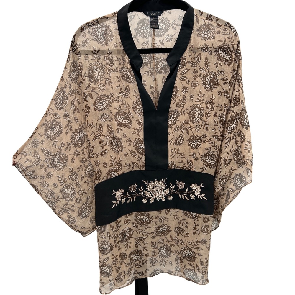 Silkland Woman Y2K Sheer Floral Embroidered Kimono Shirt Tie Back Black Sz 1X XL